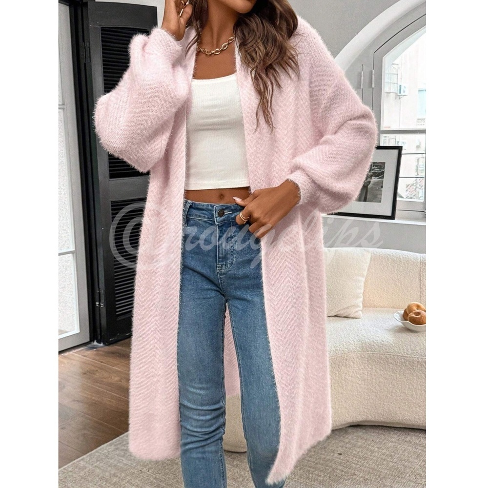 Fuzzy Chevron Pink White Open Cardigan Long Bishop Sleeve Soft